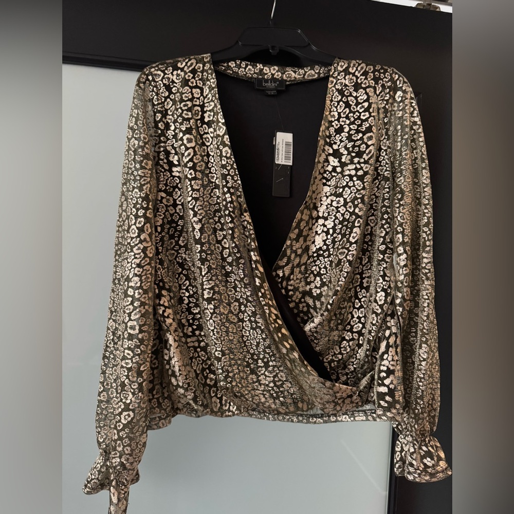 Belldini Gold and Black Embellished Wrap Blouse